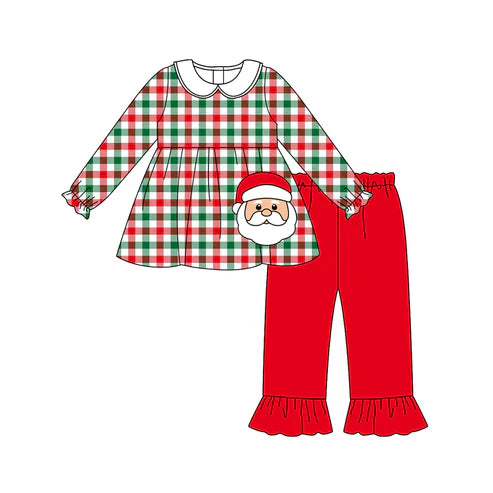 6.27 GLD1167 Baby Girls Long Ruffle Sleeves Red Green Plaid Santa Knee Length Dresses Preorder