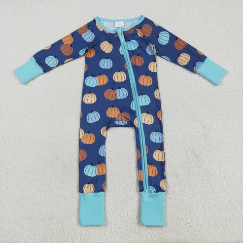 8.14 LR2364 Baby Girls Long Sleeves Colorful Pumpkins Zipper Pant Romper