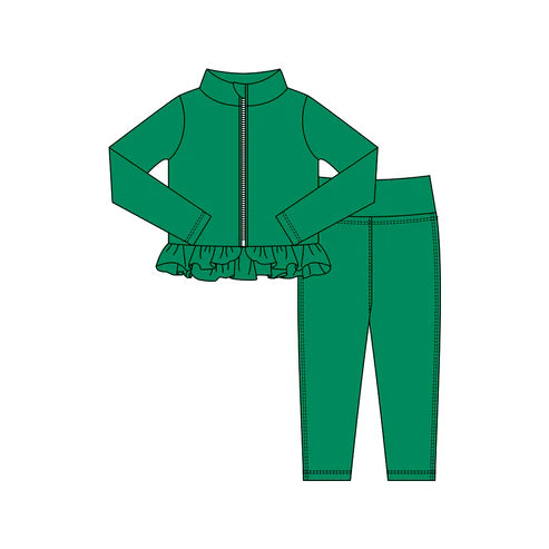 10.25 GLP3016 Baby Girls Green Zipper Jackets Ruffle Top Leggings Yoga Clothes Sets Preorder