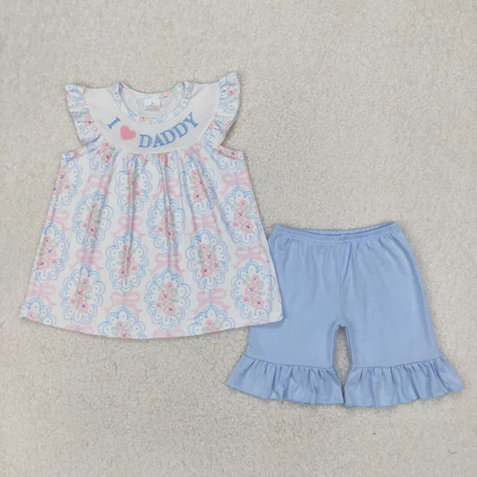 4.7 GSSO2407 Embroidery Baby Girls Flutter Sleeves I LOVE DADDY Floral Bows Tunic Blue Ruffle Short Set