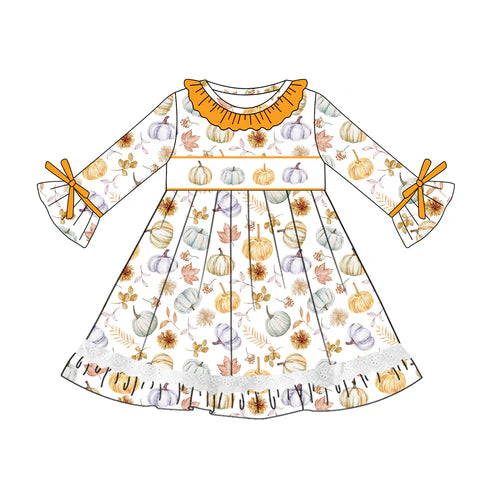 5.21  GLD1038 Baby Girls Long Ruffle Sleeves Pumpkins Flowers Knee Length Dresses Preorder