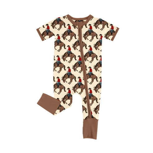 5.10 SR3104 Baby Infant Boys Brown Short Sleeves Horse Rodeos Zipper Pant Rompers Preorder