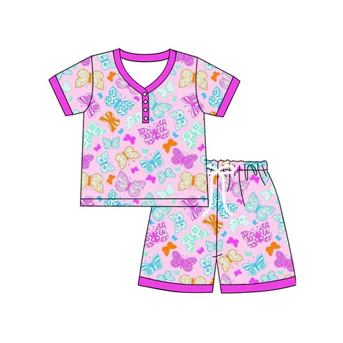 6.19 GSSO2616 Adult Women Hot Pink Short Sleeves Butterfly Button Top Short Pajamas Sets Preorder