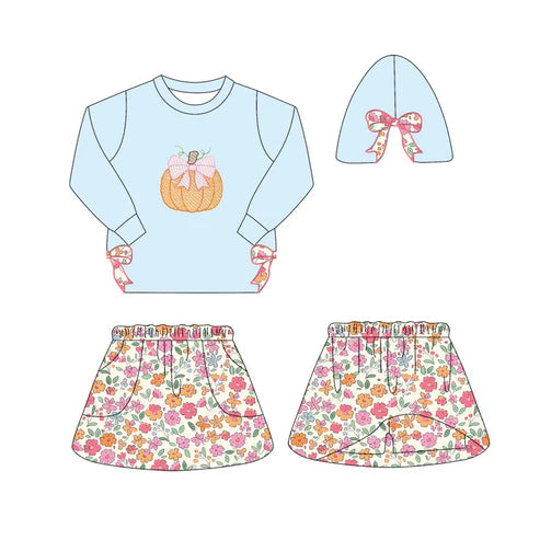 6.27 GLD1172 Baby Girls Blue Long Sleeves Bows Pumpkin Top Flowers Skorts Set Preorder
