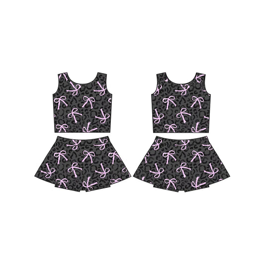 L-3.6 GSD2008 Baby Girls Black Leopard Bows Athletic Active Wear Top Shorts Skirts Clothes Sets Preorder
