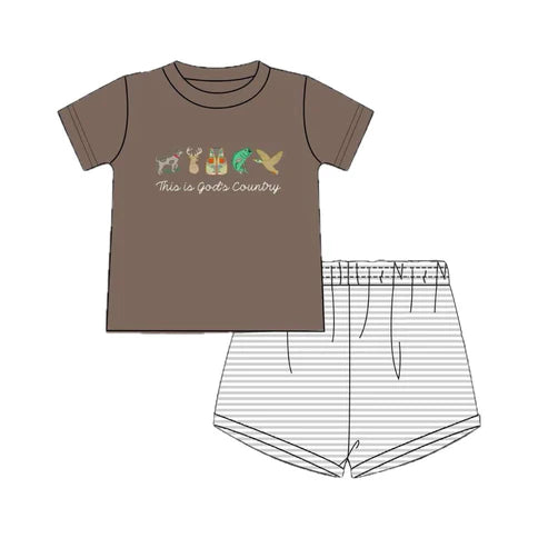 3.20 BSSO1410 Baby Boys Brown Gods Country Top Stripe Shorts Set preorder