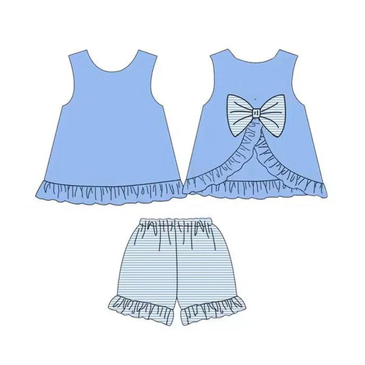 3.27 GSSO2396 Baby Girls Blue Sleeveless Bows Tunic Stripe Ruffle Short Set Preorder