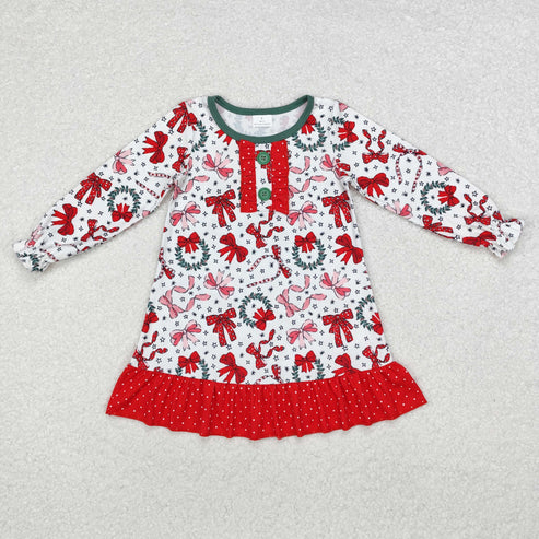 GLD0855 Baby Girls Christmas Red Bows Ruffle Knee Length Gowns Dress