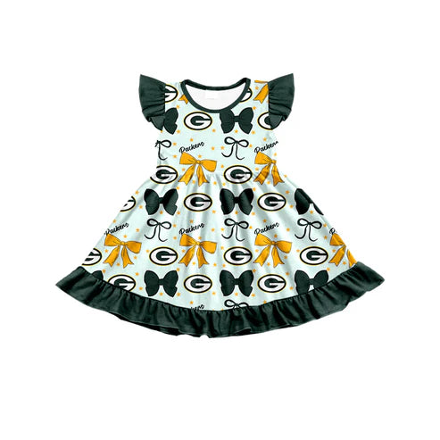 7.2 Custom Moq 3 Baby Girls Flutter Sleeves GB Packers Bows Team Knee Length Dresses