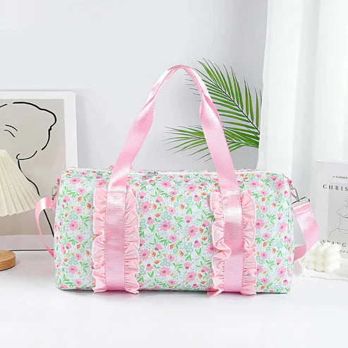 BA0290 Pink Ruffle Floral Print Gym Duffle Bags Preorder