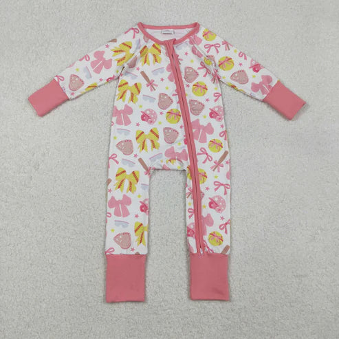10.22 LR2705 Baby Girls Pink Yellow Bows Baseballs Team Zipper Footie Romper