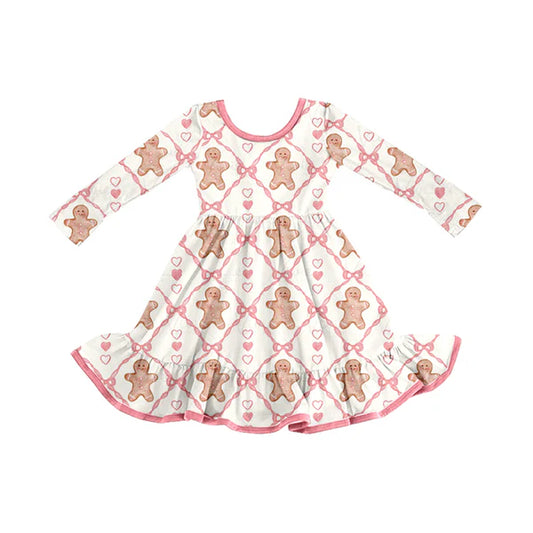 8.27  GLD1278 Baby Girls Pink Hearts Gingerbread Plaid Christmas Knee Length Dresses Preorder