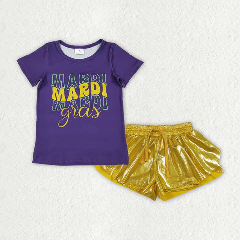 12.19 GT1253+SS0687 Baby Girls Purple Mardigras Top Gold Leather Ruffle Shorts Clothes Set