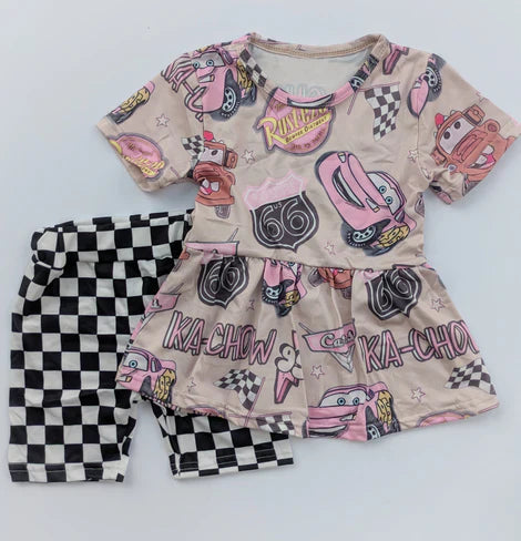 4.24 GSSO2584 Baby Girls Khaki Short Sleeves Cartoon Cars Tunic Black Short Set Preorder