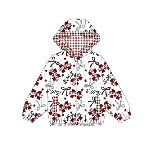 10.8 Custom Moq 5 Baby Girls Wine Red Mississippi Team Zipper Hoodies Tops