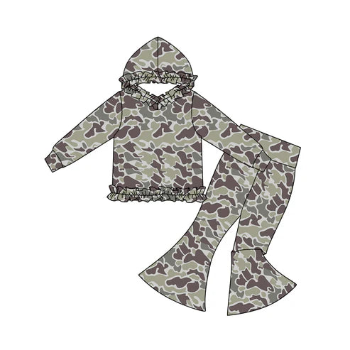 11.3 GLP3074 Baby Girls Dark Grey Camo Ruffle Hoodies Bell Bottom Pants Southern Clothes Sets Preorder