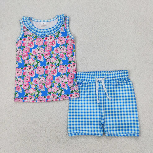 4.2 GSSO2414 Baby Girls Blue Plaid Sleeveless Floral Top Short Set