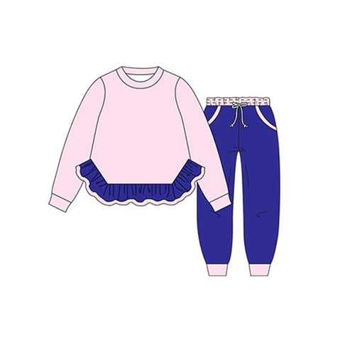 6.7 GLP2401 Baby Girls Light Pink Long Sleeves Ruffle Top Purple Pockets Legging Pant Set Preorder