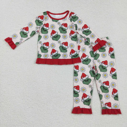 8.26 GLP2635 Baby Girls Christmas Hat Green Face Flowers Top Ruffle Pants Pajamas Set