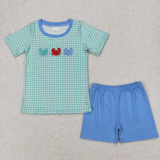 3.30 BSSO1279 Baby Boys Crabs Checkered Shirts Shorts Clothes Set