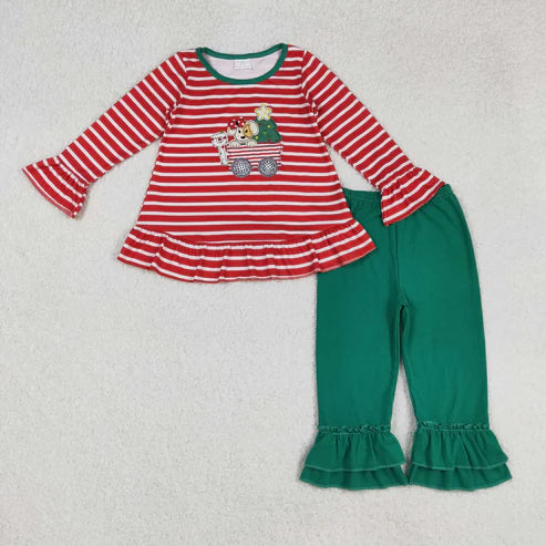 9.10 GLP2580 Embroidery Baby Girls Long Sleeves Christmas Trees Dogs Trucks Tunic Ruffle Pant Set