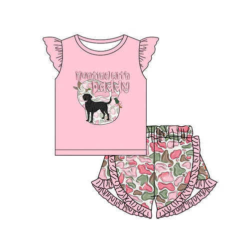 GSSO1670 Baby Girls Hunting With Daddy Dog Top Camo Shorts Clothes Sets Preorder