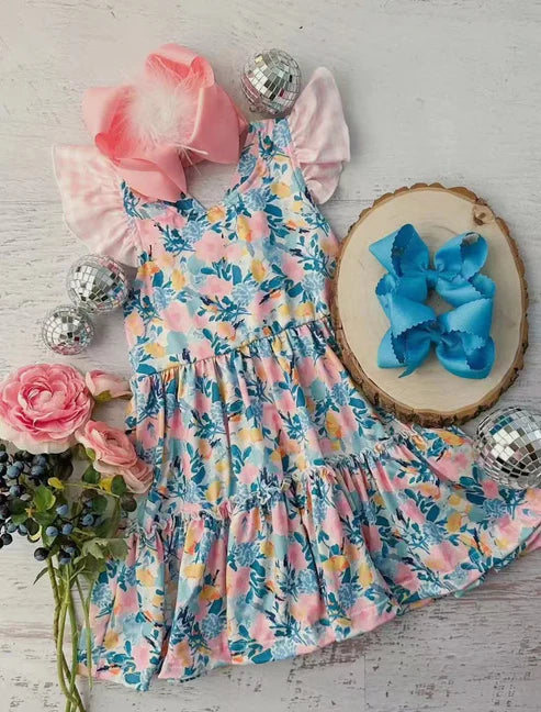 3.20 GSD2188 Baby Girls Blue Sleeveless Floral Patchwork Knee Length Dresses Preorder