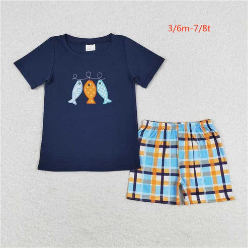 BSSO0465 Embroidery fishing navy blue short-sleeved plaid shorts set