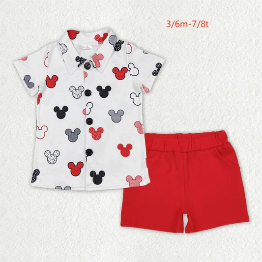 BT0607+SS0270 Baby Boys Cartoon Mouse Lapel Buttons Shirts Red Cotton Shorts Clothes Set