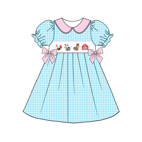 Baby Girls Blue Checkered Farm Bows Knee Length Dresses Preorder