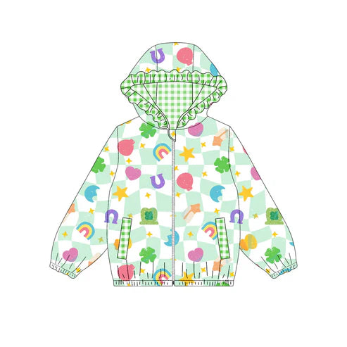 10.10Custom Moq 5 Baby Girls Green Checked Clovers Stars Pockets Zipper St Patrick Ruffle Hoodies Top