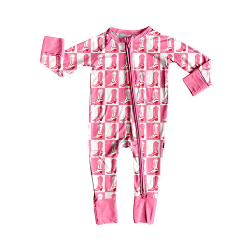 6.13LR2251 Baby Girls Long Sleeves Light Pink Boots Plaid Zipper Rompers Preorder