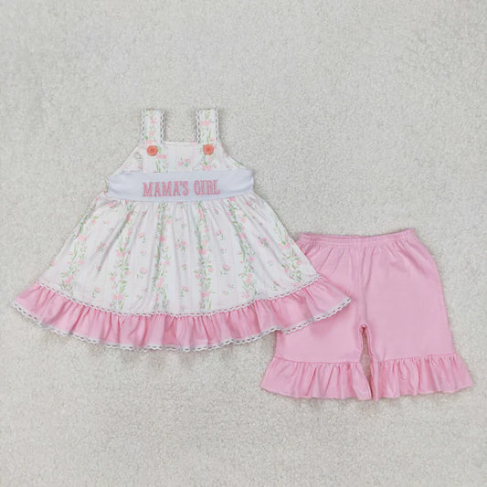 3.26 GSSO2153 Baby Girls Pink Bows Mama's Girl Straps Tunic Ruffle Shorts Clothes Set