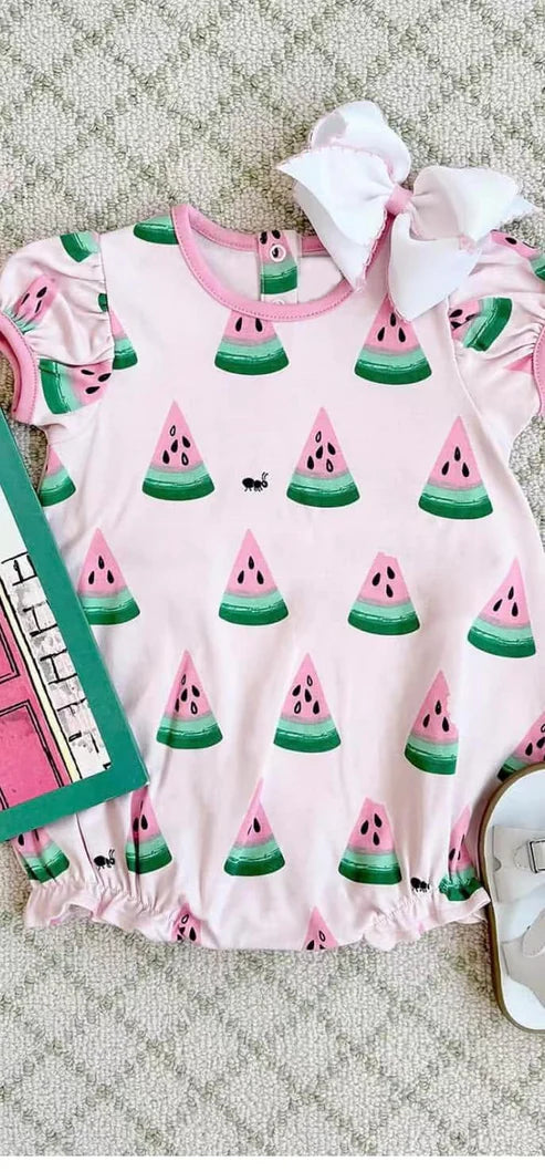 4.3  SR2993 Baby Infant Girls Pink Watermelons Ruffle Rompers Preorder