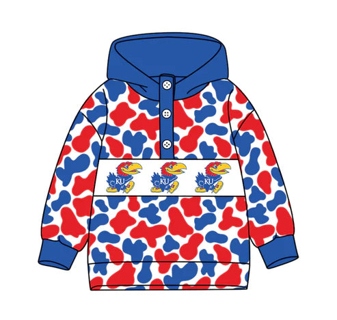 10.16  Custom Moq 8 Baby Boys Blue Red Camo KU Team Button Hoodies Top
