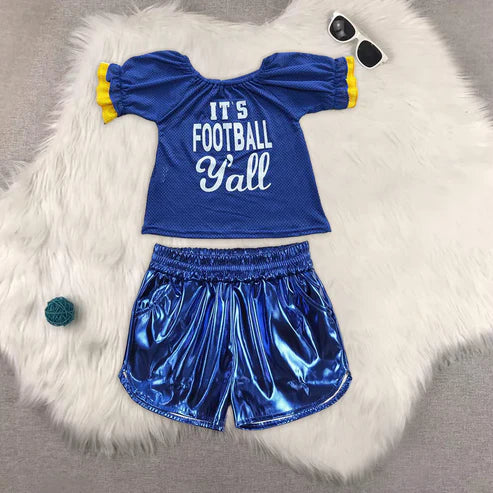 5.5 GT0273+SS0409 Baby Girls Blue Cheer Football Team Tops Leather Shorts Clothes Set