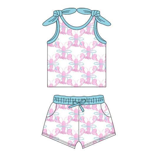 L-3.5 GSSO2118 Baby Girls Straps Top Crawfish Bow Shorts Clothes Sets Preorder