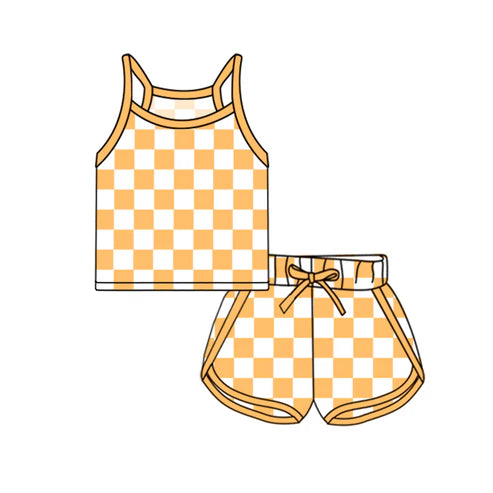 GSSO2333 Baby Girls Yellow Strap Plaid Top Short Sport Set Preorder