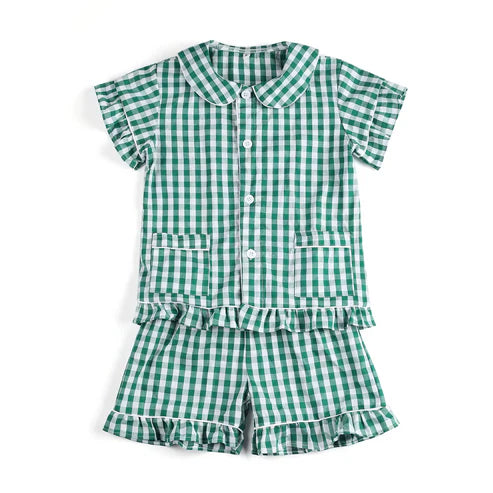 3.28 GSSO2445 Baby Girls Green Plaid Short Sleeves Button Pocket Top Ruffle Short Pajamas Set Preorder