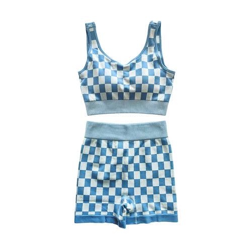 7.1 no moq GSSO2690 PRE-ORDER Adult clothes blue plaid sleeveless shorts set