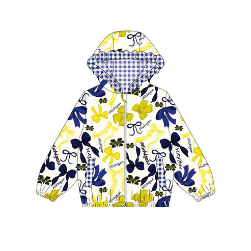 9.9 Custom Moq 5 Baby Girls Yellow Navy Michigan Team Zipper Hoodies Tops