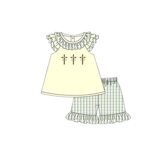 11.26 MOQ:5pcs GSSO2923 pre-order baby girl clothes cross print toddler girl easter summer outfit