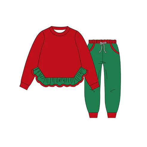6.7 GLP2403 Baby Girls Red Long Sleeves Ruffle Top Green Pockets Legging Pant Set Preorder