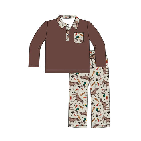 8.22 BLP1229 Baby Boys Brown Button Pocket Top Ducks Dogs Pant Hunting Set Preorder