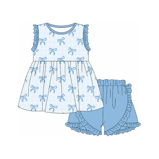 L-3.4 GSSO2120 Baby Girls Blue Bows Sleeveless Tunic Ruffle Shorts Clothes Sets Preorder