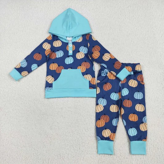 8.2 BLP1154 Baby Boys Colorful Pumpkins Pocket Button Hoodies Legging Pants Set