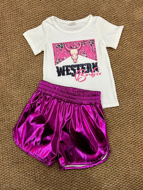 GT0134+SS0412 Baby Girls Western Doll Tops Purple Metallic Shorts Outfit