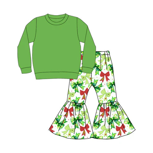 9.9 Custom Moq 5 Baby Girls Green Color Shirt Top Bows Stars Bell Bottom Pants Christmas Clothes Sets