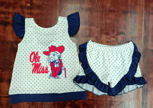 4.26 Preorder moq 3 Baby Girls Navy Flutter Sleeves Polka Dots Ole Miss Tunic Ruffle Short Sets