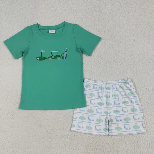 7.1  BSSO1540 Embroidery Baby Boys Green Short Sleeves Golf Truck Top Short Set